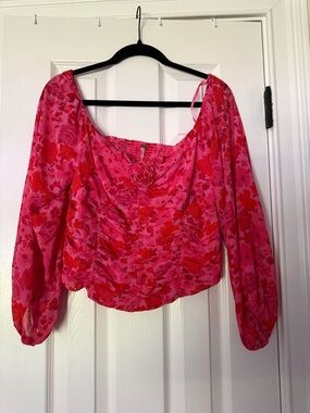 Free People Pink and Red Floral Ruched Off-Shoulder Top